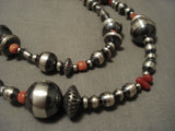60 Inch Long Navajo Handmade Sterling Bead Coral Native American Jewelry Silver Necklace!-Nativo Arts