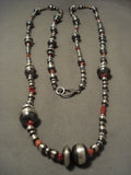 60 Inch Long Navajo Handmade Sterling Bead Coral Native American Jewelry Silver Necklace!-Nativo Arts