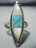 Beautiful Vintage Native American Navajo Turquoise Yellow Shell Sterling Silver Ring-Nativo Arts