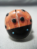 Detailed Ladybug Bulbous Native American Navajo Coral Turquoise Sterling Silver Ring-Nativo Arts