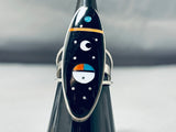 Dramatic Native American Navajo Jet Stone Sterling Silver Inlay Ring Signed-Nativo Arts