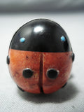 Wonderful Navajo Coral Jet Sterling Silver Ladybug Ring Native American-Nativo Arts