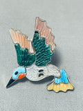 Superb Native American Zuni Signed Textured Inlay Turquoise Jet Sterling Silver Bird Ring-Nativo Arts