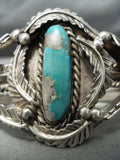 Heavy Thick Vintage Native American Navajo Gilbert Turquoise Sterling Silver Leaf Bracelet Old-Nativo Arts