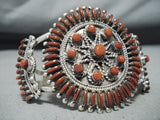 Coral Sun Native American Zuni Coral Needlepoint Sterling Silver Huge Bracelet-Nativo Arts