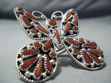 One Of Biggest Zuni Coral Sterling Silver Butterfly Ring Native American-Nativo Arts