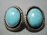 Rare Earth Blue Turquoise Vintage Native American Navajo Sterling Silver Earrings Old-Nativo Arts