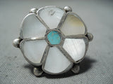 Marvelous Vintage Native American Zuni Inlay Blue Gem Mother Of Pearl Sterling Silver Ring Old-Nativo Arts