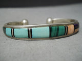 Native American Thicker End Bead Sterling Silver Vintage Turquoise Inlay Bracelet-Nativo Arts