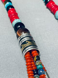 Authentic Singer Native American Navajo Coral Turquoise Sterling Silver Necklace-Nativo Arts