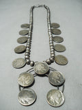 Very Old Vintage Native American Navajo Coin Sterling Silver Squash Blossom Necklace-Nativo Arts