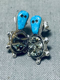 Native American Intricate Turtle Vintage Navajo Turquoise Sterling Silver Earrings-Nativo Arts