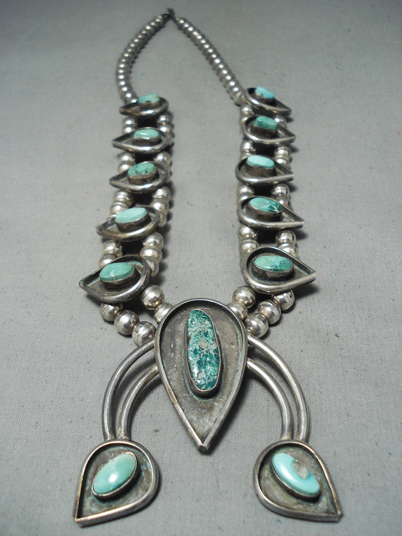 Rare Vintage Native American Navajo Candelaria Turquoise Sterling Silver Squash Blossom Necklace-Nativo Arts