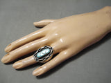 Amazing Vintage Huge Native American Navajo Turquoise Inlay Sterling Silver Chain Ring Heavy-Nativo Arts