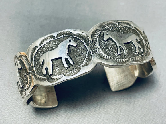 Outstanding Native American Navajo Signed Sterling Silver Horses Bracelet-Nativo Arts