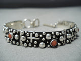 Exceptional Native American Navajo Coral Sterling Silver Cross Hinged Bracelet-Nativo Arts