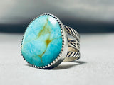 Impressive Native American Navajo Signed Kingman Turquoise Large Sterling Silver Ring-Nativo Arts
