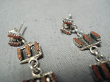 Fabulous Native American Zuni Coral Needlepoint Sterling Silver Earrings-Nativo Arts