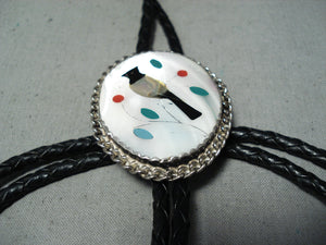 Rare Vintage Native American Zuni Inlay Turquoise Mother Of Pearl Bird Sterling Silver Bolo-Nativo Arts