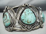 Intense Vintage Native American Navajo Carico Lake Turquoise Sterling Silver Leaf Bracelet-Nativo Arts