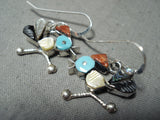 Detailed Hummingbird Vintage Native American Zuni Turquoise Sterling Silver Inlay Earrings-Nativo Arts