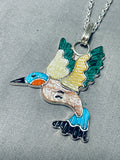 Rare Signed Native American Zuni Inlay Jet Turquoise Coral Hummingbird Sterling Silver Necklace-Nativo Arts