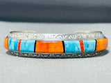Brilliant Native American Navajo Signed Inlay Turquoise Orange Spiny Sterling Silver Bracelet-Nativo Arts