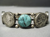 Very Rare Turquoise Vintage Native American Navajo Sterling Silver Coin Bracelet Old-Nativo Arts