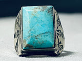 Outstanding Vintage Native American Navajo Kingman Turquoise Square Sterling Silver Ring-Nativo Arts