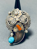 Powerful Huge Native American Navajo Turquoise Coral Sterling Silver Mens Ring-Nativo Arts