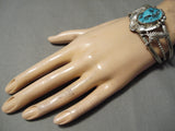 Detailed!! Vintage Native American Navajo Deep Blue Turquoise Sterling Silver Leaf Bracelet Old-Nativo Arts