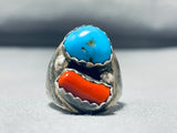 Captivating Vintage Native American Navajo Blue Gem Turquoise Coral Sterling Silver Ring-Nativo Arts