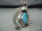 Marvelous Native American Navajo Signed Kingman Turquoise Sterling Silver Kachina Ring-Nativo Arts