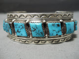 So Rare!! Slanted Squared Turquoise Vintage Native American Navajo Sterling Silver Bracelet-Nativo Arts