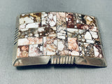 Heavy Thick Vintage Native American Navajo Agate Sterling Silver Inlay Buckle-Nativo Arts