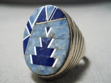 One Of The Best Vintage Native American Navajo Lapis Inlay Sterling Silver Heavy Ring-Nativo Arts