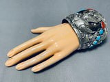 Huge Authentic Native American Navajo Turquoise Coral Sterling Silver Bear Bracelet-Nativo Arts