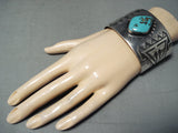 Huge Vintage Native American Navajo Rare Turquoise Sterling Silver Geomtric Bracelet-Nativo Arts