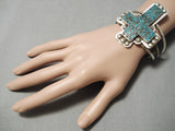 Huge Towering Vintage Native American Navajo Turquoise Cross Christian Sterling Silver Bracelet-Nativo Arts