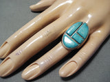 Heavy Vintage Native American Navajo Blue Gem Turquoise Sterling Silver Ring-Nativo Arts
