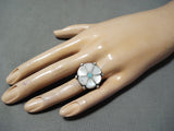 Marvelous Vintage Native American Zuni Inlay Blue Gem Mother Of Pearl Sterling Silver Ring Old-Nativo Arts