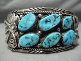 Opulent Vintage Native American Navajo Sterling Silver Leaves Turquoise Bracelet Old Cuff-Nativo Arts