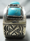 Huge Heavy Vintage Native American Navajo Squared Turquoise Signed Sterling Silver Bracelet-Nativo Arts