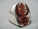 Important Zuni Harlan Coonsis Coral Inlay Sterling Silver Native American Ring-Nativo Arts