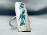 Unique Vintage Native American Navajo Turquoise Chip Inlay Waterbird Sterling Silver Ring-Nativo Arts
