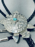 Important Native American Navajo Signed Turquoise Sterling Silver Turtle Huge Bolo-Nativo Arts