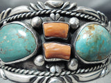 Fantastic Vintage Native American Navajo Royston Turquoise Coral Sterling Silver Bracelet-Nativo Arts