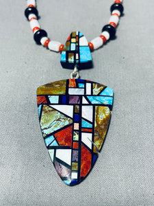 Native American Stunning Santo Domingo Inlay Turquoise Coral Jet Shell Sterling Silver Necklace-Nativo Arts