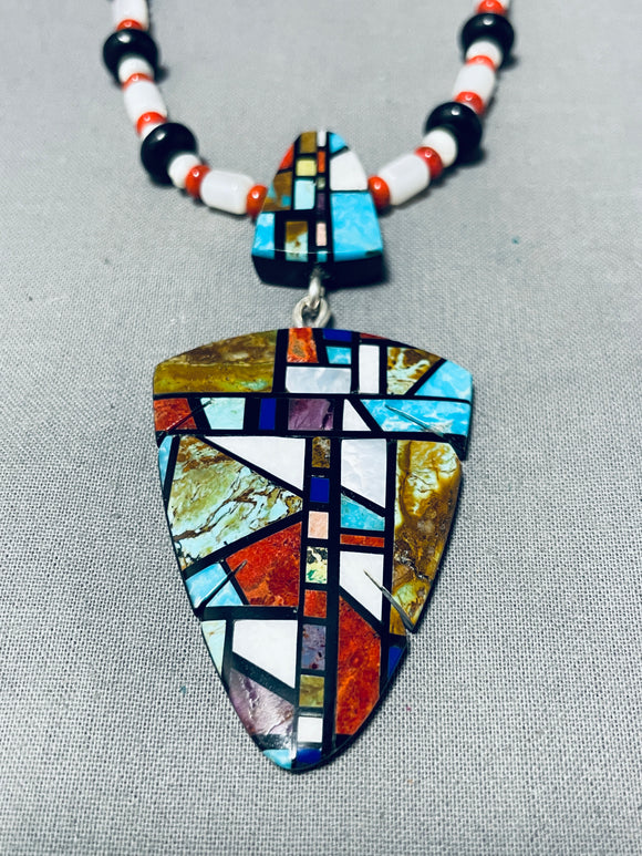 Native American Stunning Santo Domingo Inlay Turquoise Coral Jet Shell Sterling Silver Necklace-Nativo Arts