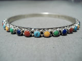 Colorful Native American Navajo Turquoise Coral Sterling Silver Bangle Bracelet-Nativo Arts
